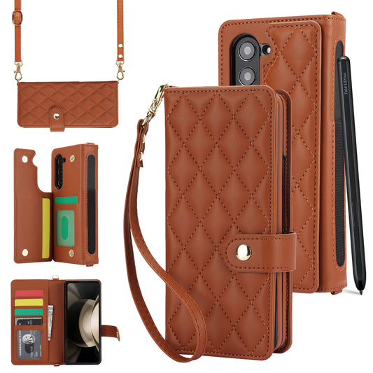 Brown Galaxy Z Fold3 Multi-Functional Leather Wallet Case for Samsung Z Fold Series - Crossbody with Pen V888-ELOSUNG28434