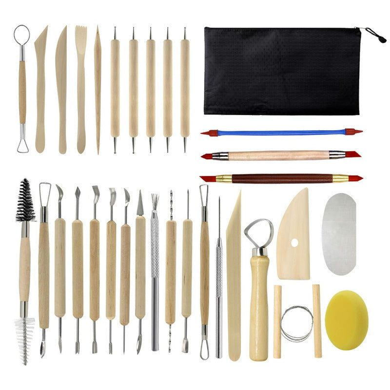 32-Piece Pottery Tool Set with Cloth Bag - DIY Clay Sculpting Kit for Kids V888-ELOSUNG28443
