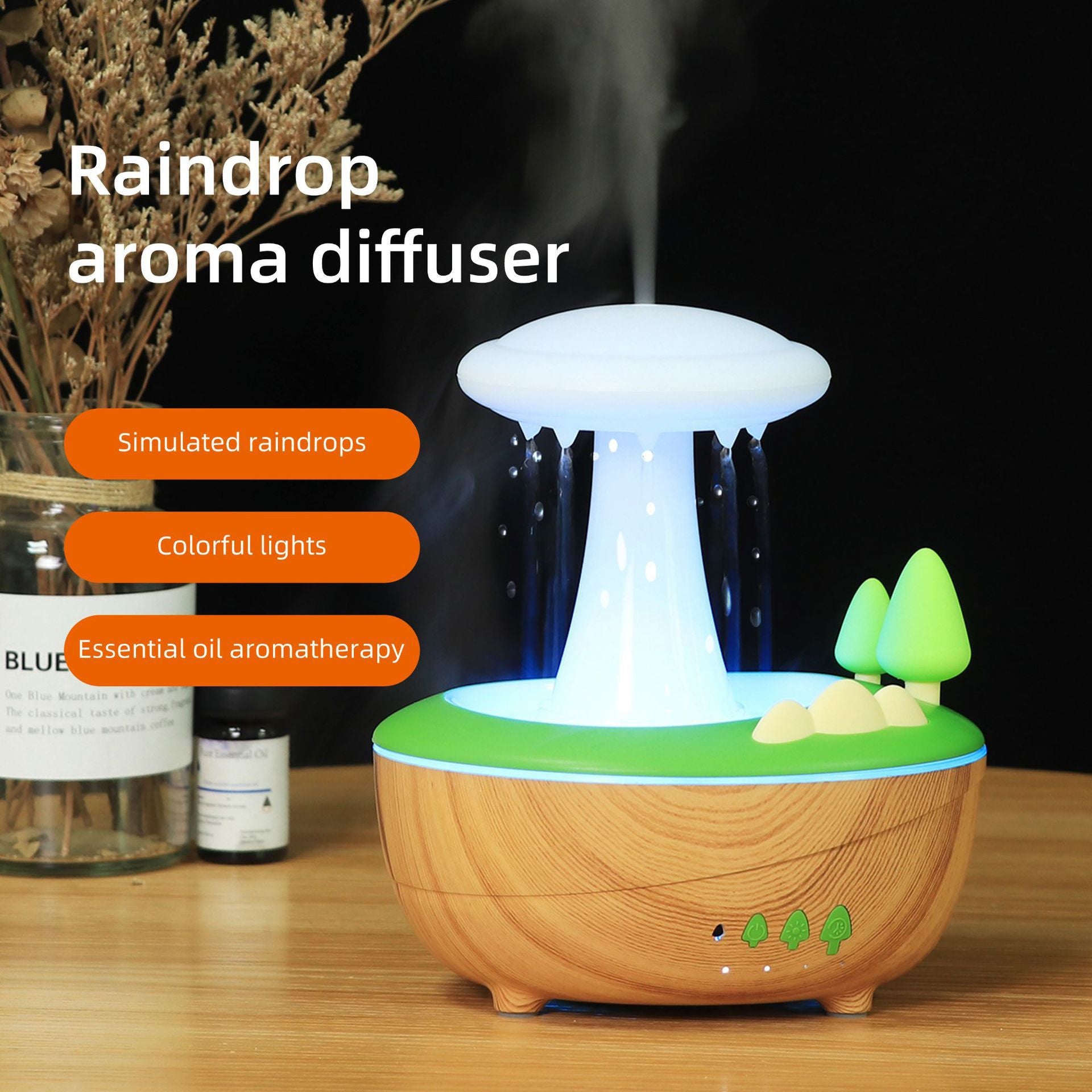 White Woodgrain Raindrop Mushroom Aroma Diffuser - 280mL Ultrasonic Humidifier with Colorful Lights V888-ELOSUNG28446