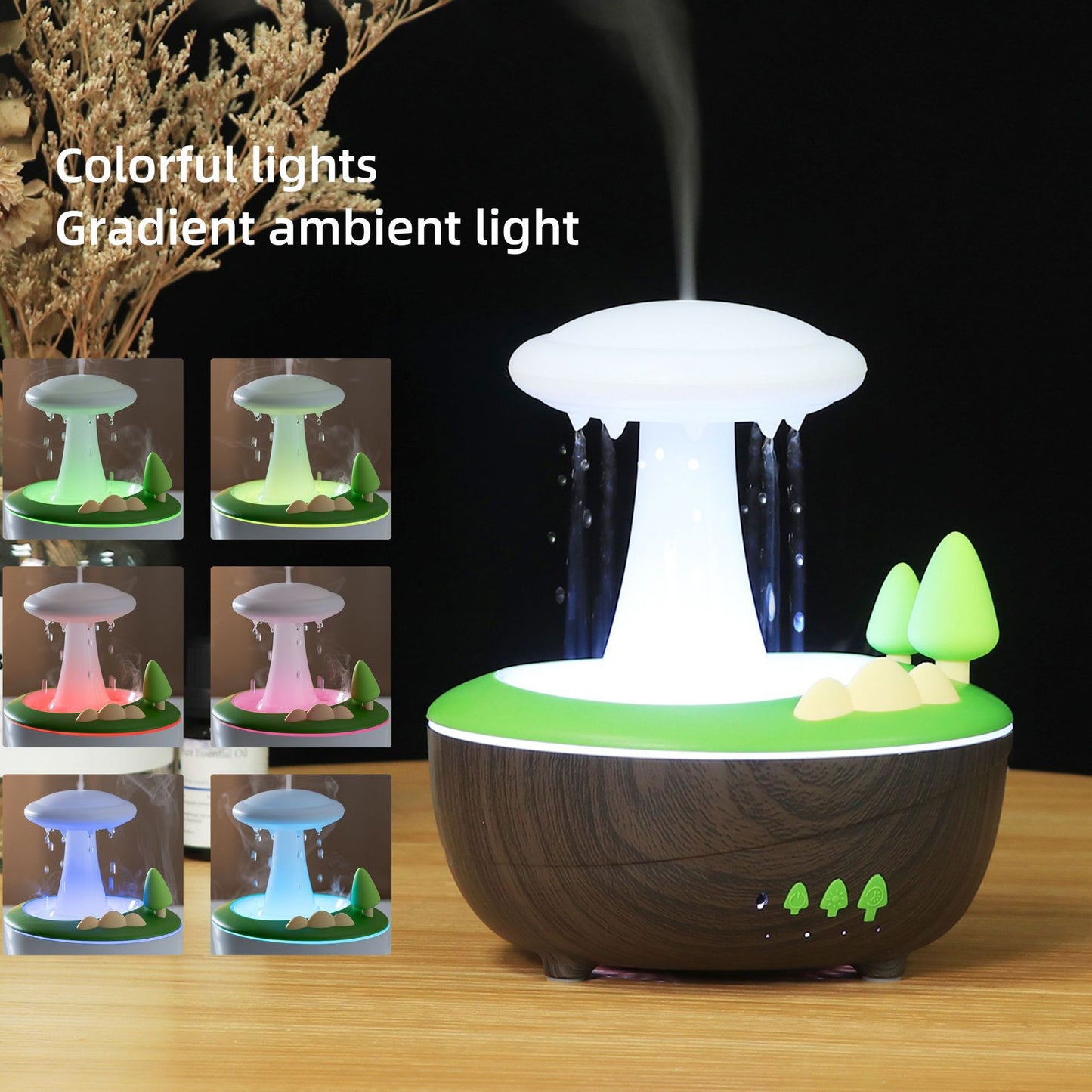 White Woodgrain Raindrop Mushroom Aroma Diffuser - 280mL Ultrasonic Humidifier with Colorful Lights V888-ELOSUNG28446