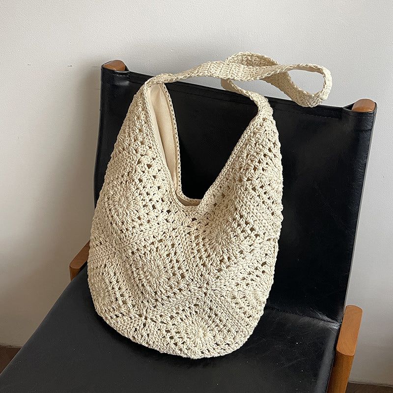 Beige Flower-Patterned Cotton Crochet Tote Bag - Beach and Commute Essential V888-ELOSUNG28480