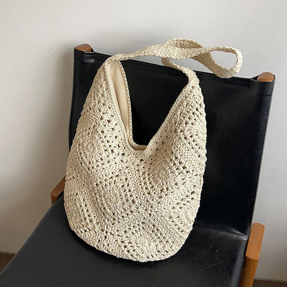 Beige Flower-Patterned Cotton Crochet Tote Bag - Beach and Commute Essential V888-ELOSUNG28480
