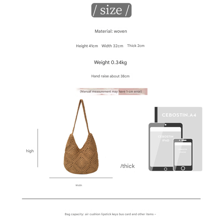 Beige Flower-Patterned Cotton Crochet Tote Bag - Beach and Commute Essential V888-ELOSUNG28480