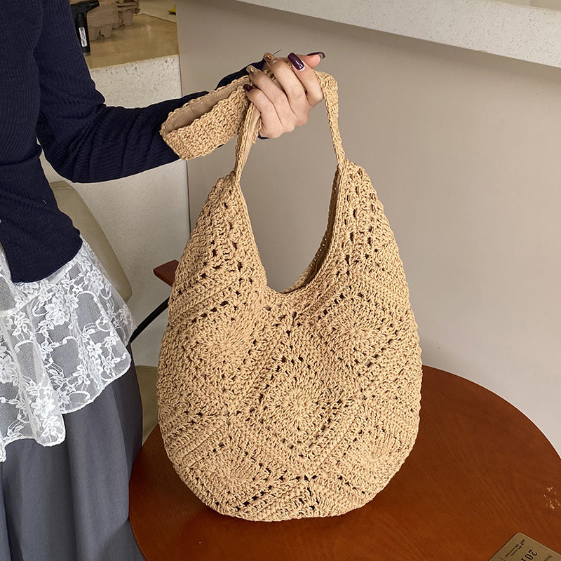 Khaki Flower-Patterned Cotton Crochet Tote Bag - Beach and Commute Essential V888-ELOSUNG28481