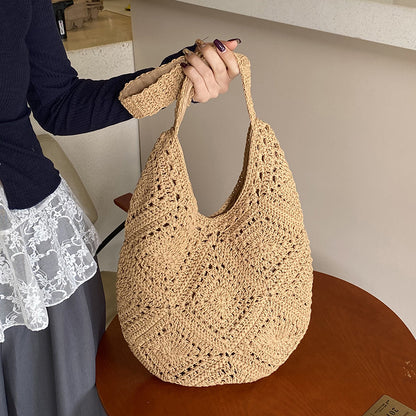 Khaki Flower-Patterned Cotton Crochet Tote Bag - Beach and Commute Essential V888-ELOSUNG28481