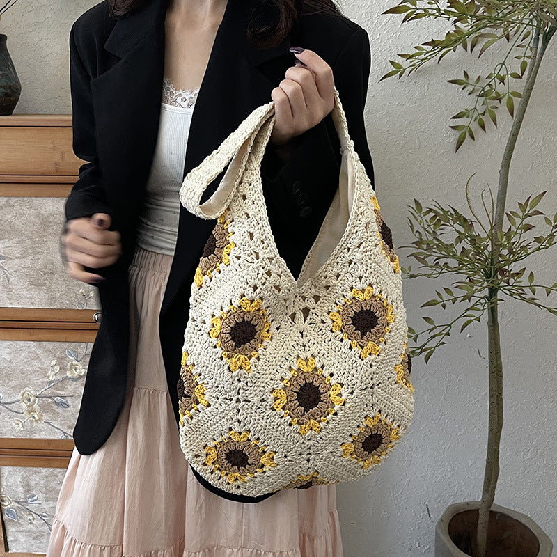Yellow Flower-Patterned Cotton Crochet Tote Bag - Beach and Commute Essential V888-ELOSUNG28482