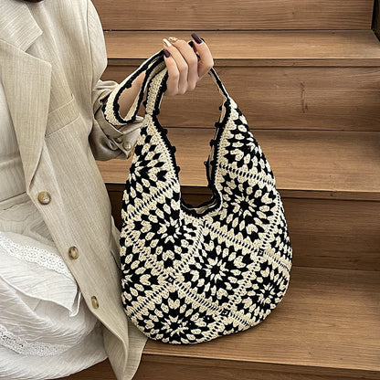 Black-white Flower-Patterned Cotton Crochet Tote Bag - Beach and Commute Essential V888-ELOSUNG28483