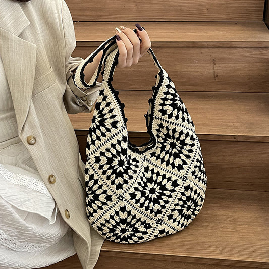 Black-white Flower-Patterned Cotton Crochet Tote Bag - Beach and Commute Essential V888-ELOSUNG28483