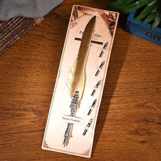 Sword Plume Gold European Dip Feather Quill Pen Set - 2-Piece Retro Business Gift Box with 5 Nib Sizes V888-ELOSUNG28500