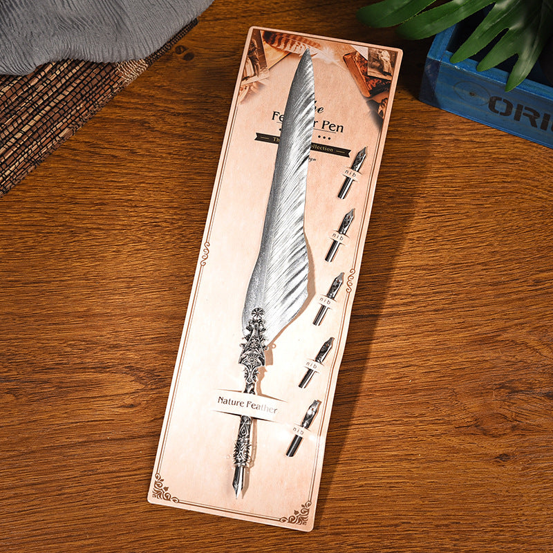Sword Plume Silver European Dip Feather Quill Pen Set - 2-Piece Retro Business Gift Box with 5 Nib Sizes V888-ELOSUNG28501