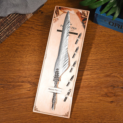 Sword Plume Silver European Dip Feather Quill Pen Set - 2-Piece Retro Business Gift Box with 5 Nib Sizes V888-ELOSUNG28501