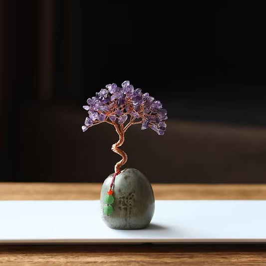 Purple Crystal Natural Crystal Wealth Tree - 12cm Feng Shui Decor, Elegant Office Desk Ornament V888-ELOSUNG28516