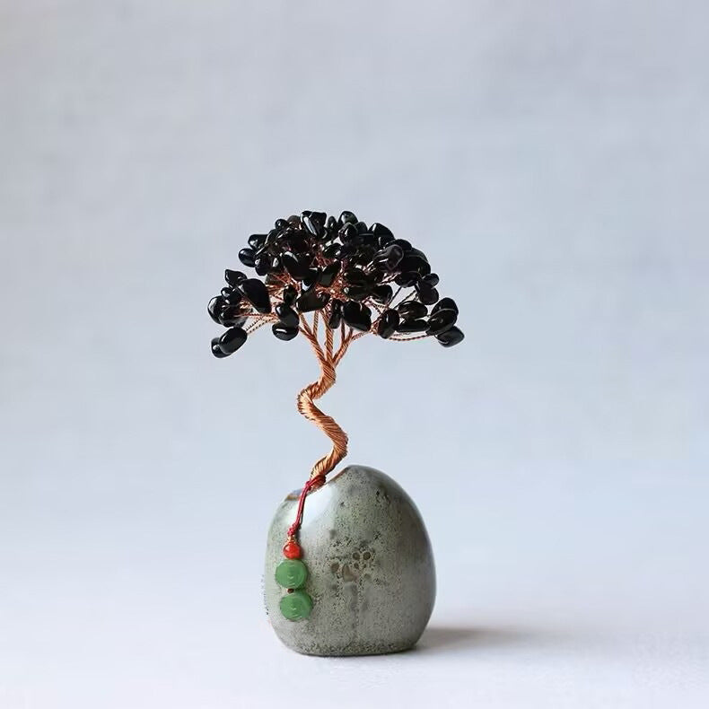Black Obsidian Natural Crystal Wealth Tree - 12cm Feng Shui Decor, Elegant Office Desk Ornament V888-ELOSUNG28517