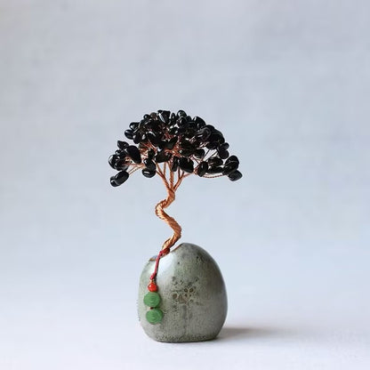 Black Obsidian Natural Crystal Wealth Tree - 12cm Feng Shui Decor, Elegant Office Desk Ornament V888-ELOSUNG28517