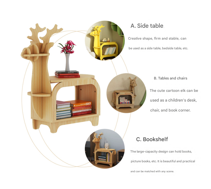 White Small Creative Reindeer-Shaped Solid Wood Bookshelf for Kids V888-ELOSUNG28533