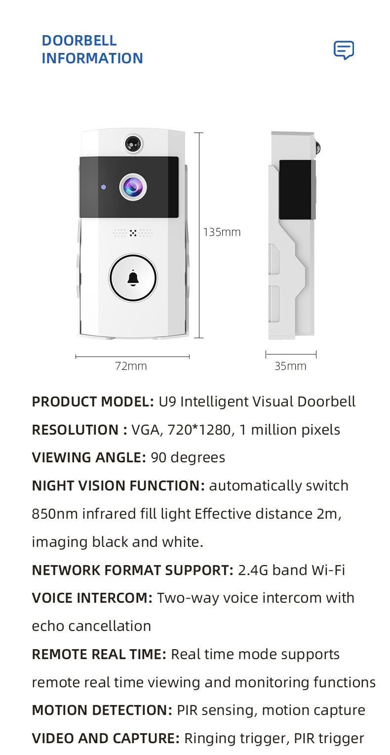 Transparent Rain Cover + Doorbell Combination HD Wireless Video Doorbell with Long-Lasting Battery V888-ELOSUNG28551