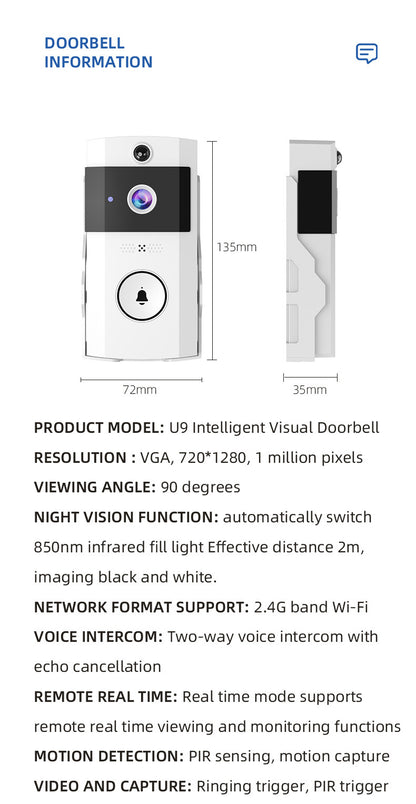 Transparent Rain Cover + Doorbell Combination HD Wireless Video Doorbell with Long-Lasting Battery V888-ELOSUNG28551