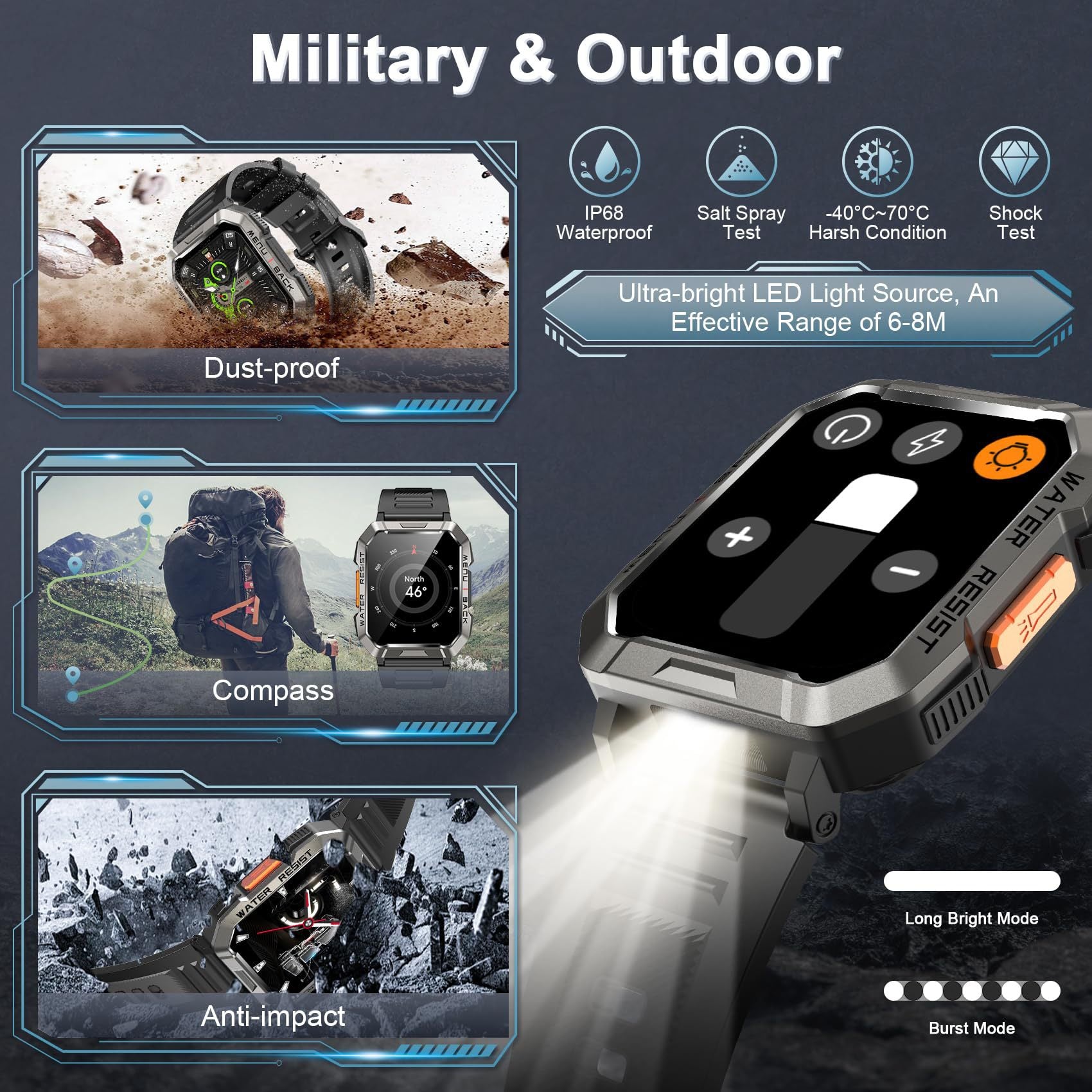 Men's Outdoor Smartwatch with Bluetooth Calling and Flashlight V888-ELOSUNG28587
