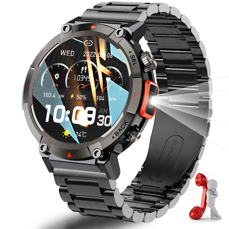 Black-red Steel Belts Outdoor Smartwatch with 1.45-Inch HD Round Screen and Flashlight V888-ELOSUNG28597