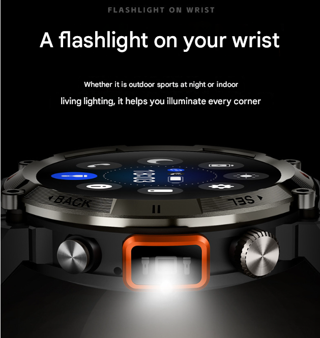 Black Steel Belts Outdoor Smartwatch with 1.45-Inch HD Round Screen and Flashlight V888-ELOSUNG28599