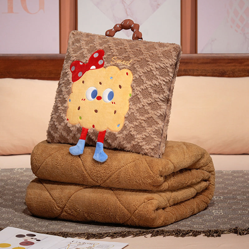 Coffee Thick Fleece Cartoon Cookie Pillow Blanket 2-in-1 for Winter Car and Office Use V888-ELOSUNG28648