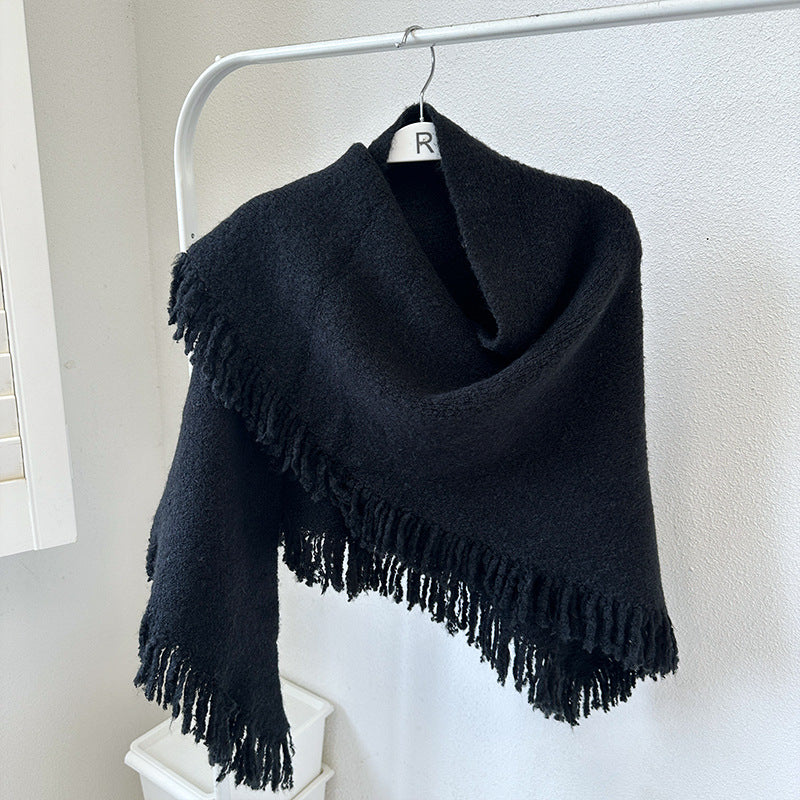 Black Versatile Fringed Faux Wool Triangle Shawl - Warm Knitted Scarf V888-ELOSUNG28660