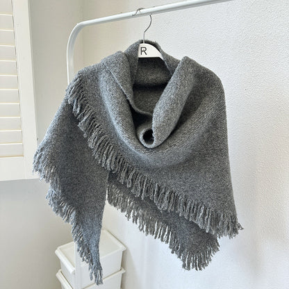 Grey Versatile Fringed Faux Wool Triangle Shawl - Warm Knitted Scarf V888-ELOSUNG28661