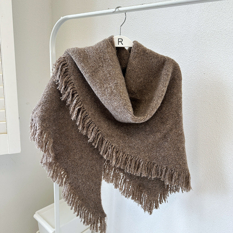 Coffee Versatile Fringed Faux Wool Triangle Shawl - Warm Knitted Scarf V888-ELOSUNG28662