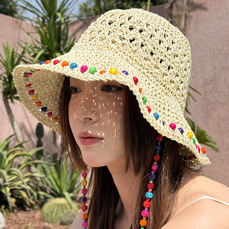 Beige Colorful Wooden Bead Straw Hat for Women - Large Brim Sun Protection V888-ELOSUNG28663