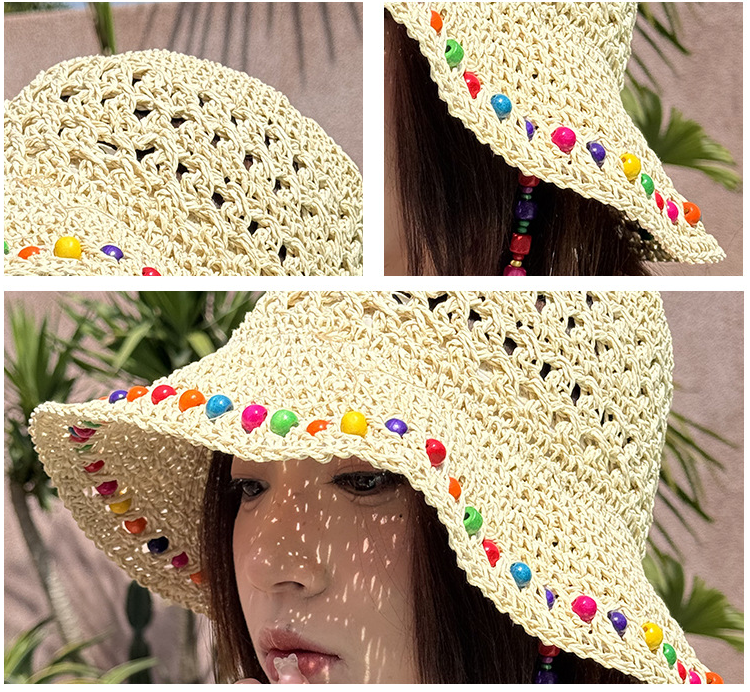 Beige Colorful Wooden Bead Straw Hat for Women - Large Brim Sun Protection V888-ELOSUNG28663