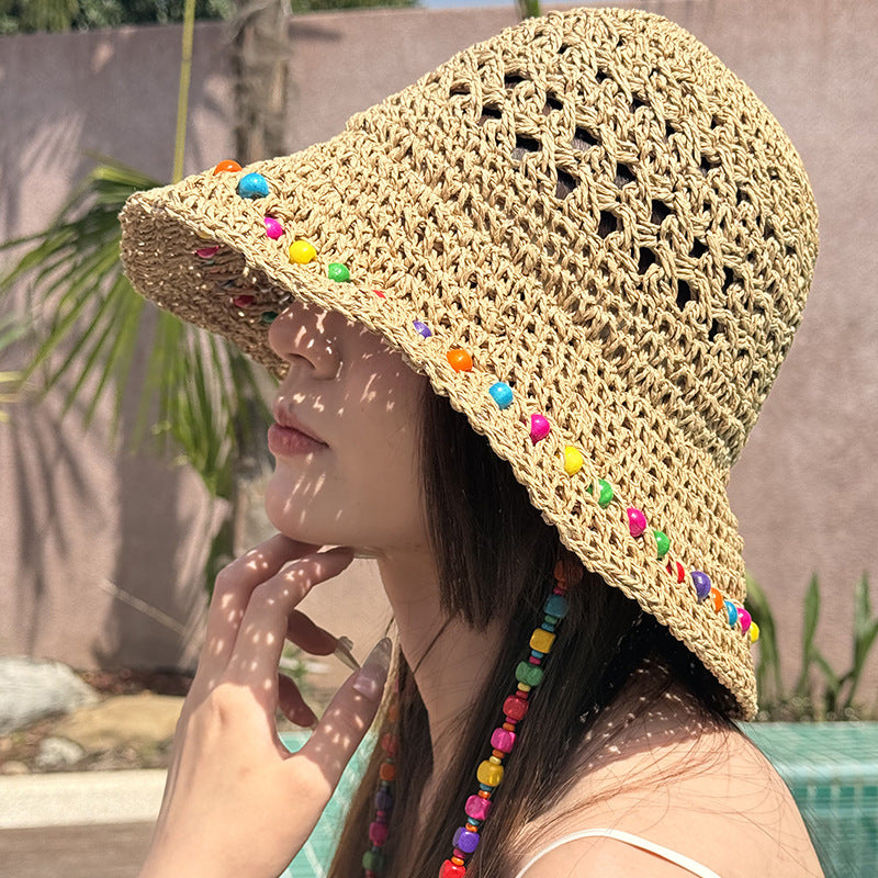 Khaki Colorful Wooden Bead Straw Hat for Women - Large Brim Sun Protection V888-ELOSUNG28664