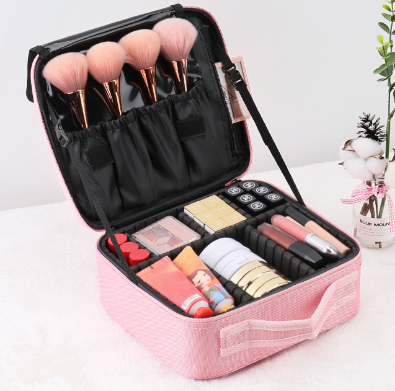 Pink Oxford Fabric Makeup Case with Mirror and Partitions - All-in-One Tool Box V888-ELOSUNG28679