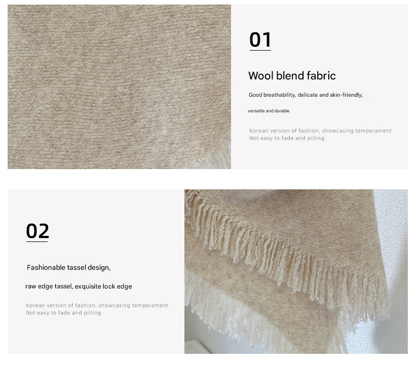 Beige Versatile Fringed Faux Wool Triangle Shawl - Warm Knitted Scarf V888-ELOSUNG28681