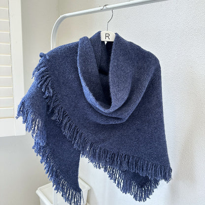 Navy Blue Versatile Fringed Faux Wool Triangle Shawl - Warm Knitted Scarf V888-ELOSUNG28682