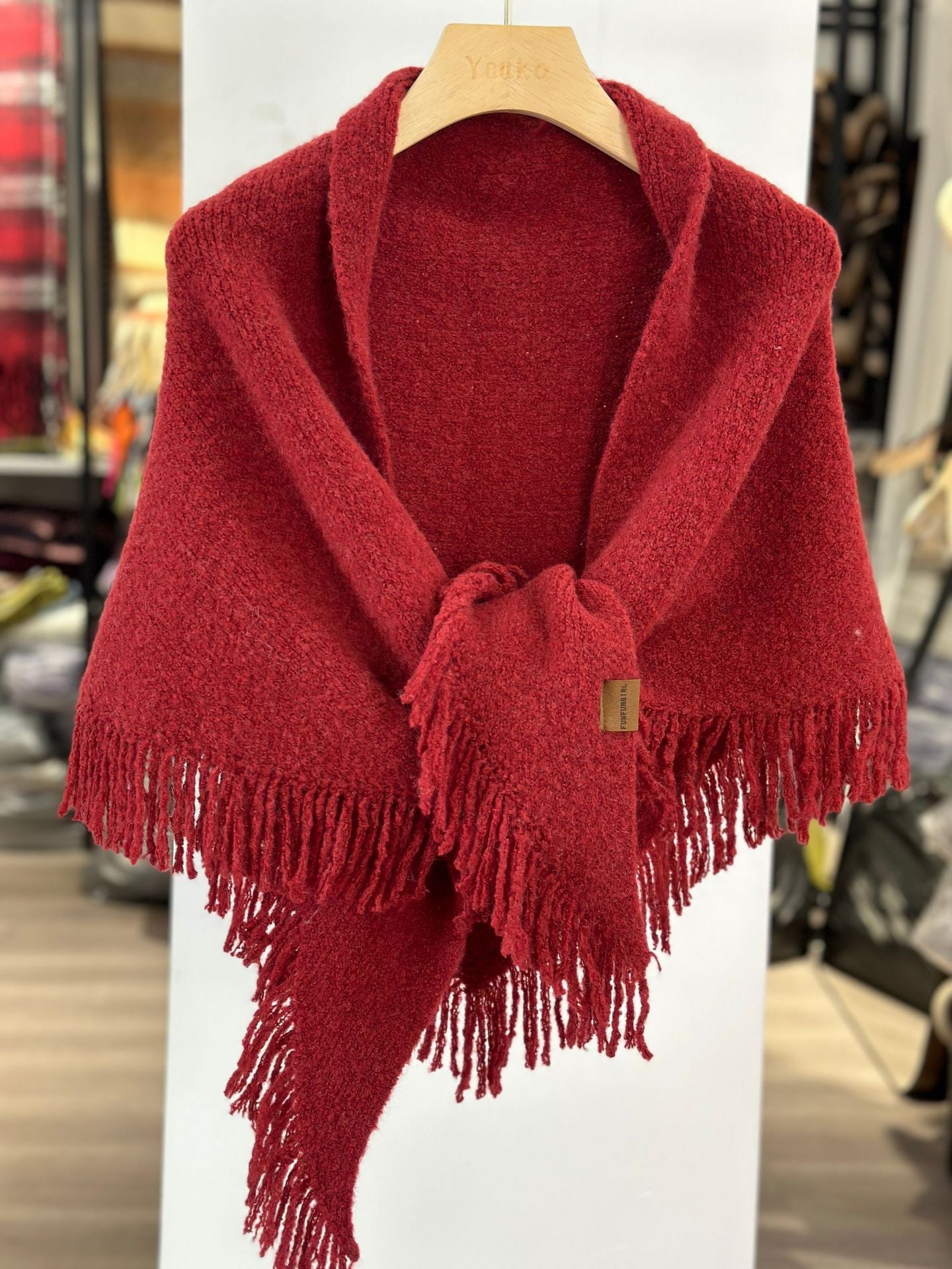 Red Versatile Fringed Faux Wool Triangle Shawl - Warm Knitted Scarf V888-ELOSUNG28683