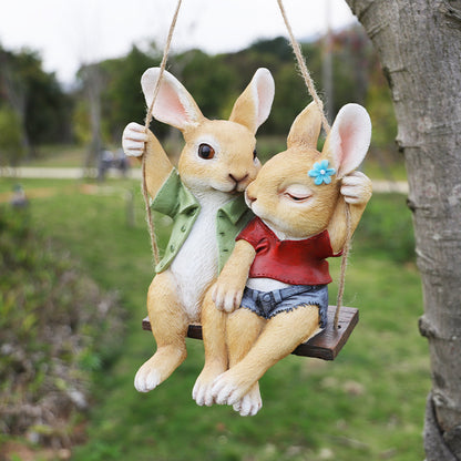 Cartoon Rabbit Couple Swing Garden Ornament - Charming Resin Decor V888-ELOSUNG28688