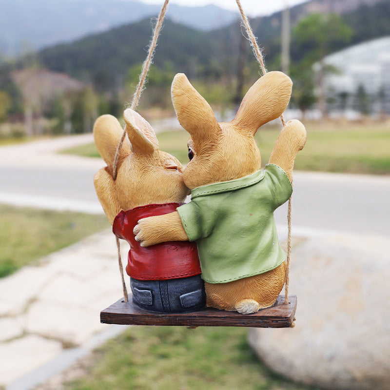 Cartoon Rabbit Couple Swing Garden Ornament - Charming Resin Decor V888-ELOSUNG28688