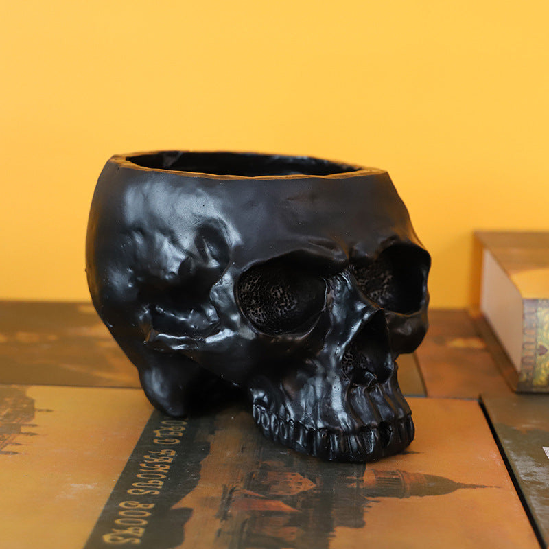 Black Halloween Skull Resin Desktop Ornament and Pen Holder - Spooky Decor V888-ELOSUNG28689