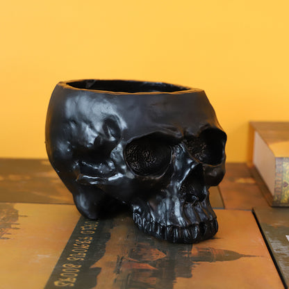 Black Halloween Skull Resin Desktop Ornament and Pen Holder - Spooky Decor V888-ELOSUNG28689