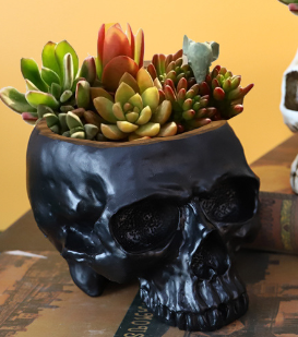 Black Halloween Skull Resin Desktop Ornament and Pen Holder - Spooky Decor V888-ELOSUNG28689