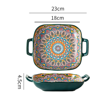 Morocco 9-Inch Bohemian Ceramic Double-Handled Square Plate V888-ELOSUNG28763