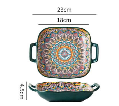 Morocco 9-Inch Bohemian Ceramic Double-Handled Square Plate V888-ELOSUNG28763