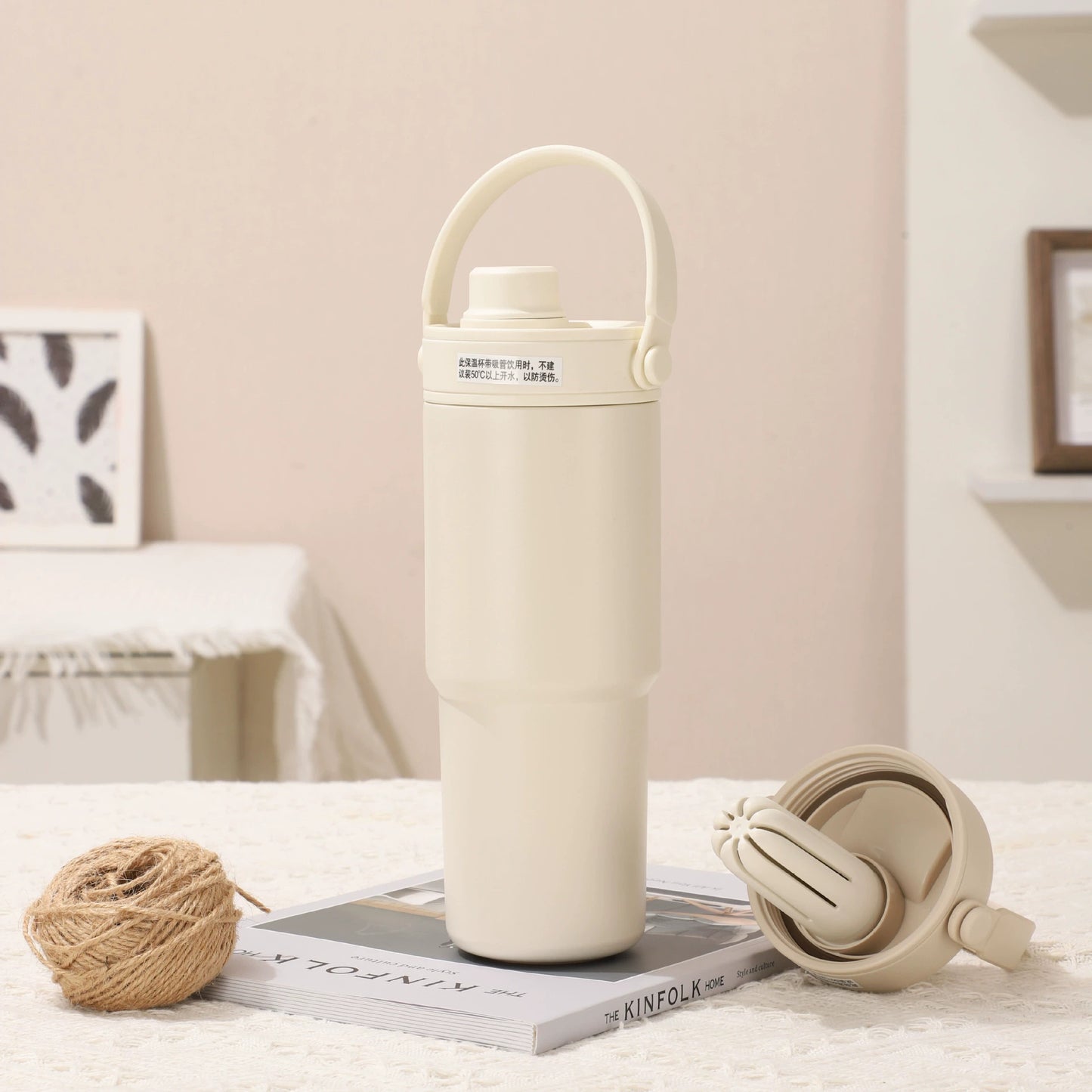 White 30oz Ceramic-Lined Insulated Tumbler with Handle, 735ml Stainless Steel Travel Mug V888-ELOSUNG28769