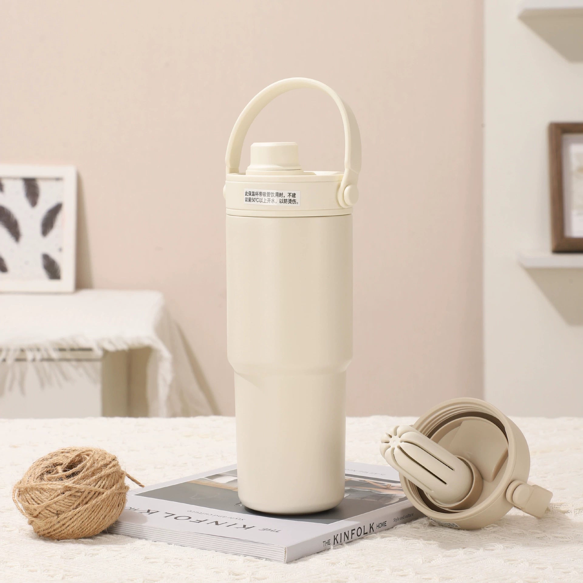 White 30oz Ceramic-Lined Insulated Tumbler with Handle, 735ml Stainless Steel Travel Mug V888-ELOSUNG28769