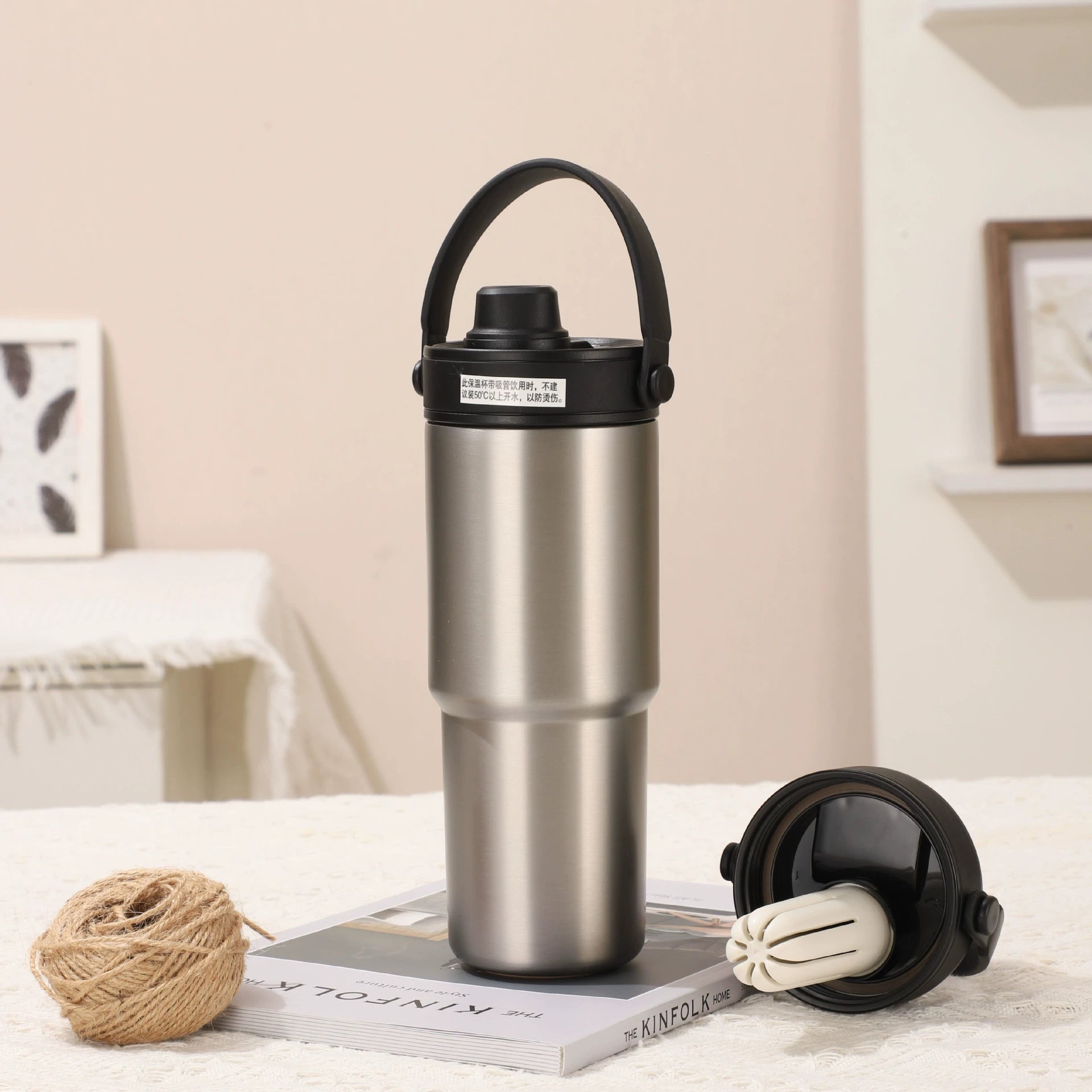 Silver 30oz Ceramic-Lined Insulated Tumbler with Handle, 735ml Stainless Steel Travel Mug V888-ELOSUNG28770