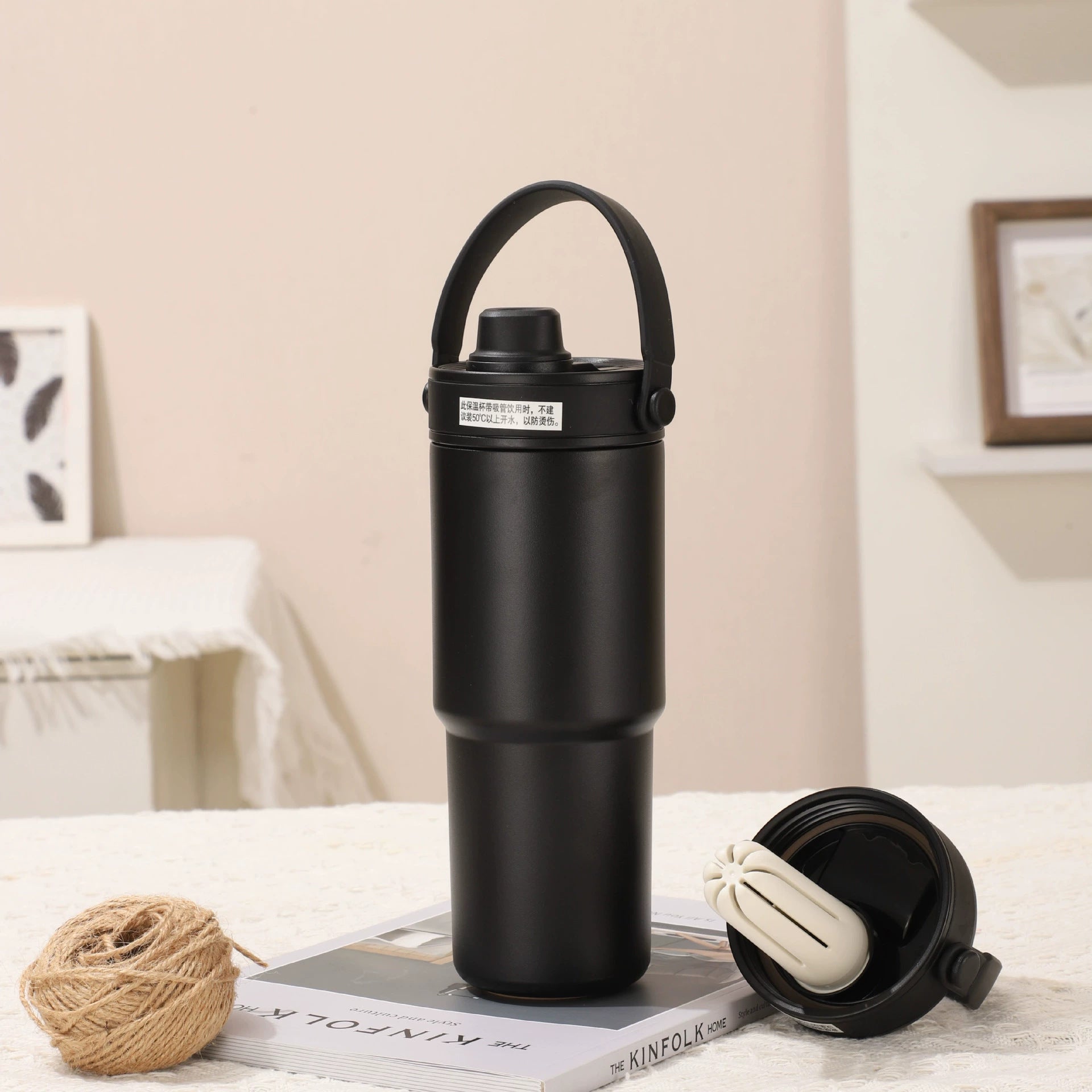 Black 30oz Ceramic-Lined Insulated Tumbler with Handle, 735ml Stainless Steel Travel Mug V888-ELOSUNG28772