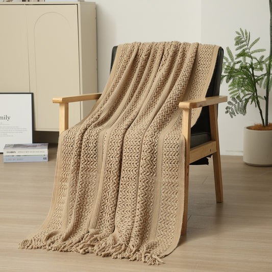Khaki Hollow Knitted Sofa Blanket with Tassels, 120 x 165 cm, 510g, Ideal for Hotel and Home V888-ELOSUNG28781