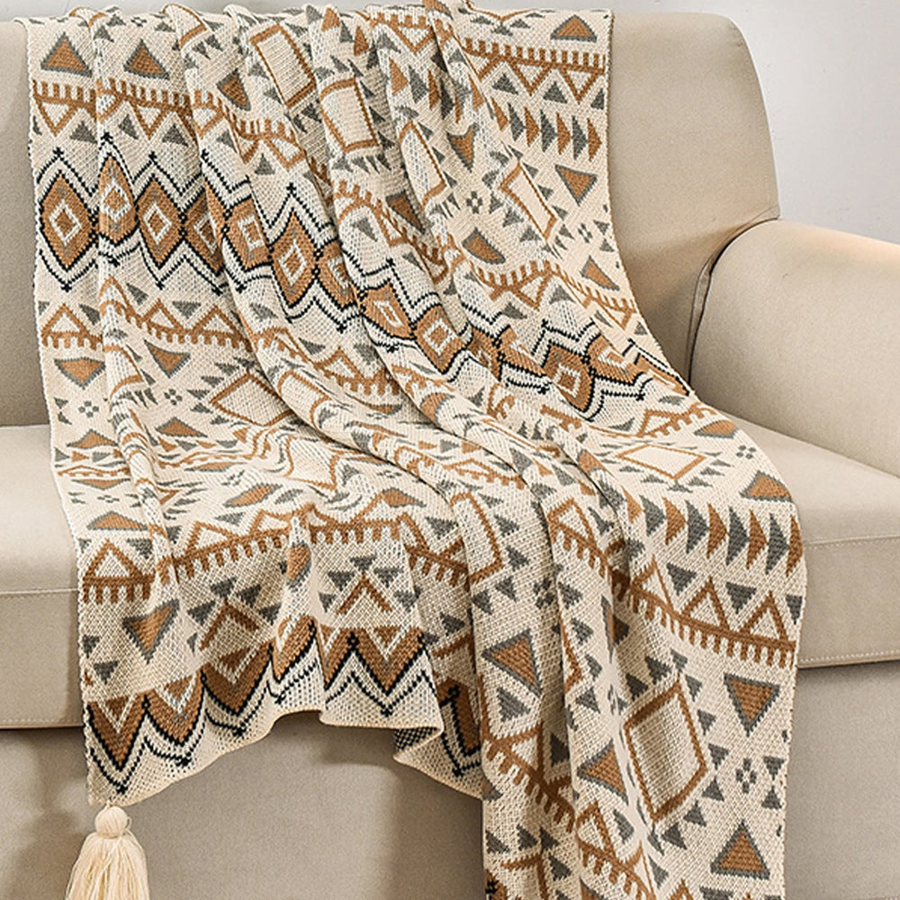 Beige-grey Bohemian Knitted Sofa Blanket, 130 x 170 cm, 900g, Ideal for Hotel and Nap Use V888-ELOSUNG28785