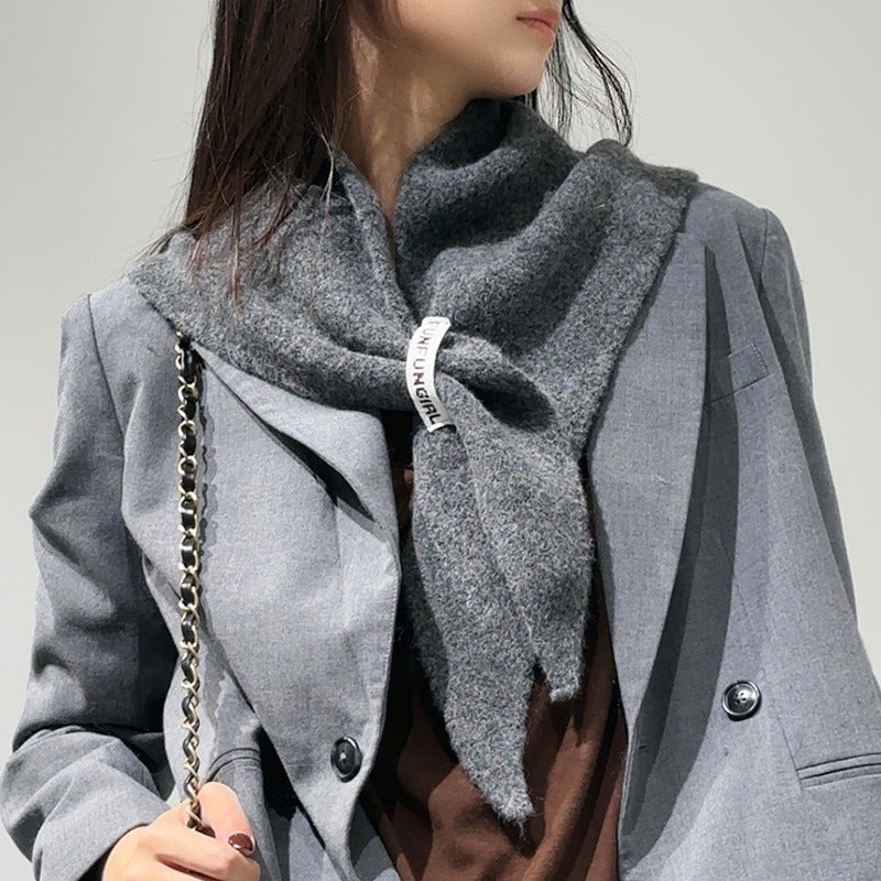 2-Piece Dark Grey Coffee Elegant Wool Blend Triangle Scarf - Luxurious Knit Shawl for Women (39 x 110cm) V888-ELOSUNG28791