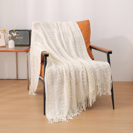Beige Hollow Knitted Sofa Blanket with Tassels, 120 x 165 cm, 510g, Ideal for Hotel and Home V888-ELOSUNG28806